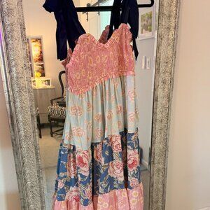Boho Dress Floral Printing Sleeveless Tie Shoulder Flowy Maxi Dress L